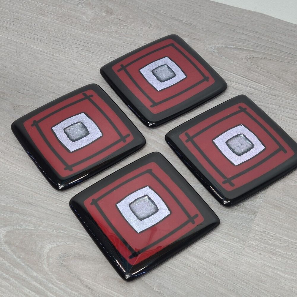 Helen Rudy Handmade Fused Glass Coasters Black Red Silver Set of‎ 4 Signed